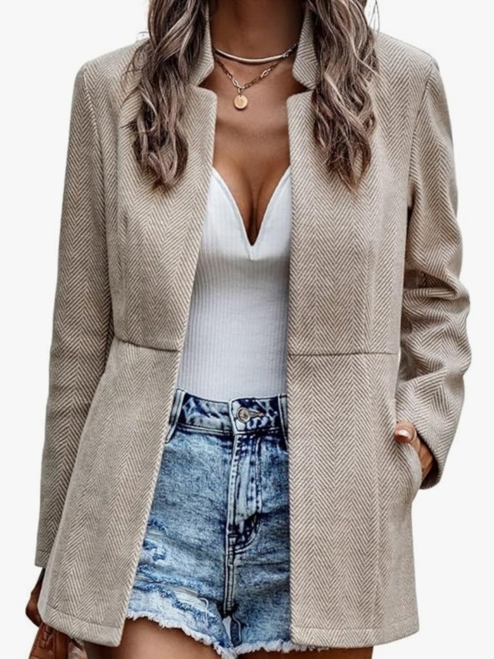 Chou Yatou Beige Herringbone Open-Front Women's Blazer Jacket, size XS
